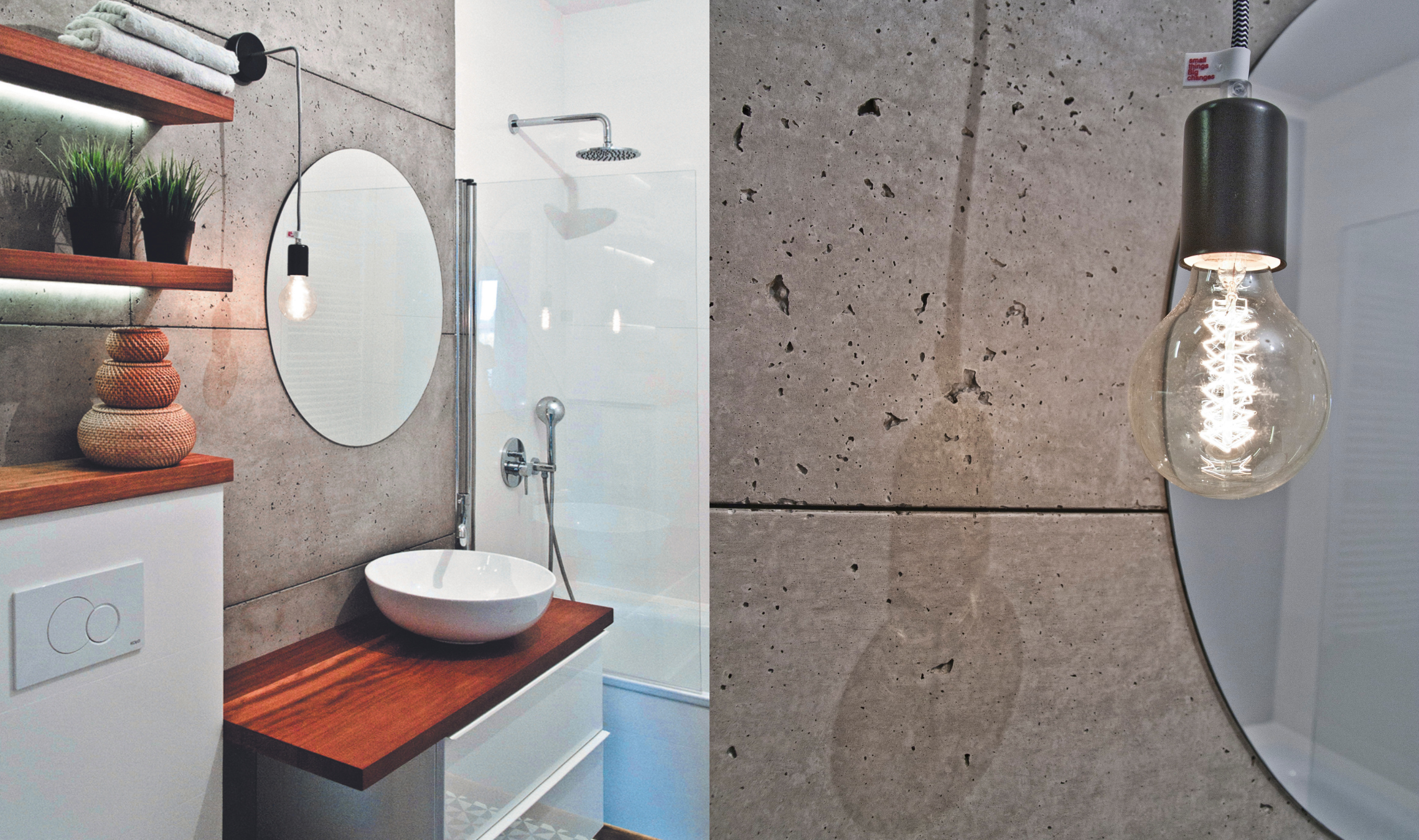 beton architektoniczny w łazience, umieszczony na ścianie, pod lustrem